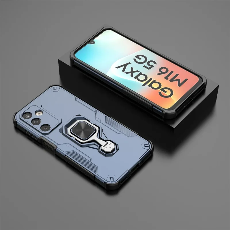 Bulk Purchasing For Samsung Galaxy M16 5G Case Rotatable Ring Kickstand PC + TPU Shockproof Phone Cover - Navy Blue