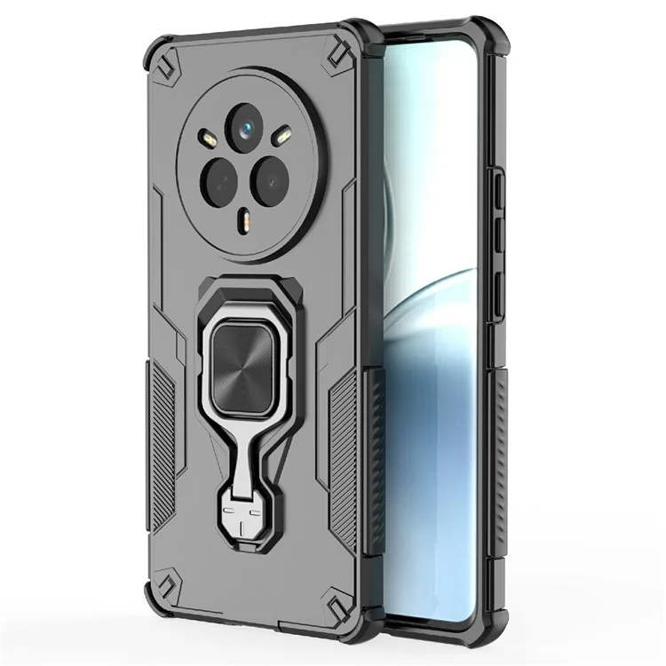 Оптовая закупка чехла для Realme 14 Pro 5G с поворотным кольцом-подставкой, ПК + TPU противоударный чехол для телефона - Черный