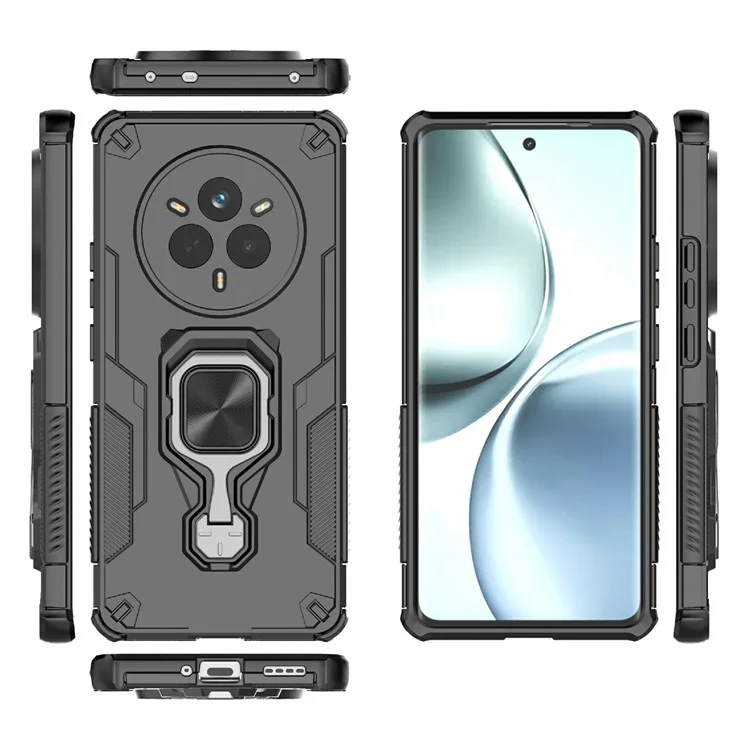 Оптовая закупка чехла для Realme 14 Pro 5G с поворотным кольцом-подставкой, ПК + TPU противоударный чехол для телефона - Черный