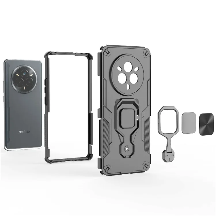 Оптовая закупка чехла для Realme 14 Pro 5G с поворотным кольцом-подставкой, ПК + TPU противоударный чехол для телефона - Черный