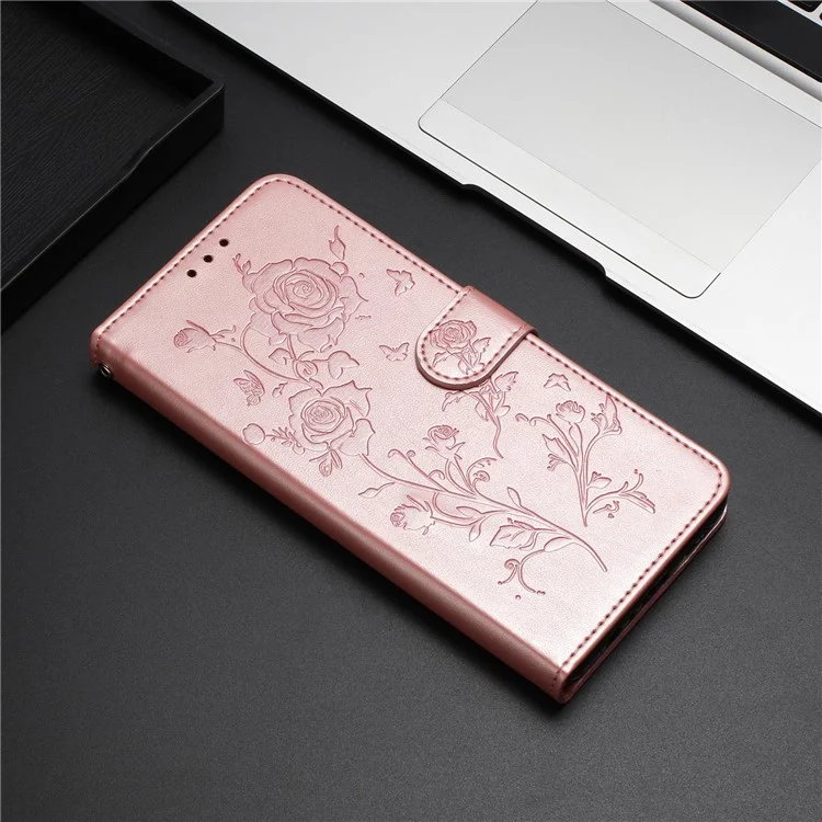 Кожаный чехол-бумажник с узором «Роза» для iPhone SE (2022) / (2020) / 8 / 7 / 6 / 6s, откидной подставкой - Розовое золото