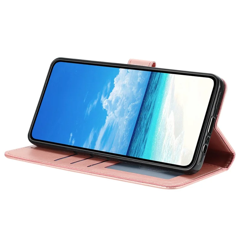 For iPhone 14 Pro Max Wallet Case Rose Pattern Imprinted Leather Flip Stand Phone Cover - Rose Gold