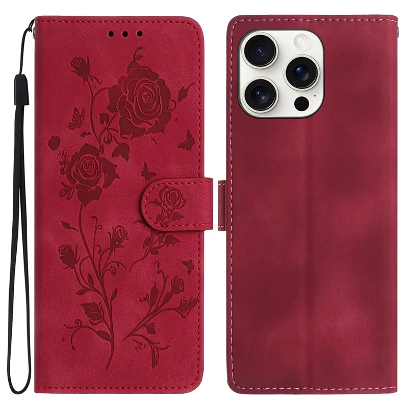For iPhone 14 Pro Max Wallet Case Rose Pattern Imprinted Leather Flip Stand Phone Cover - Red