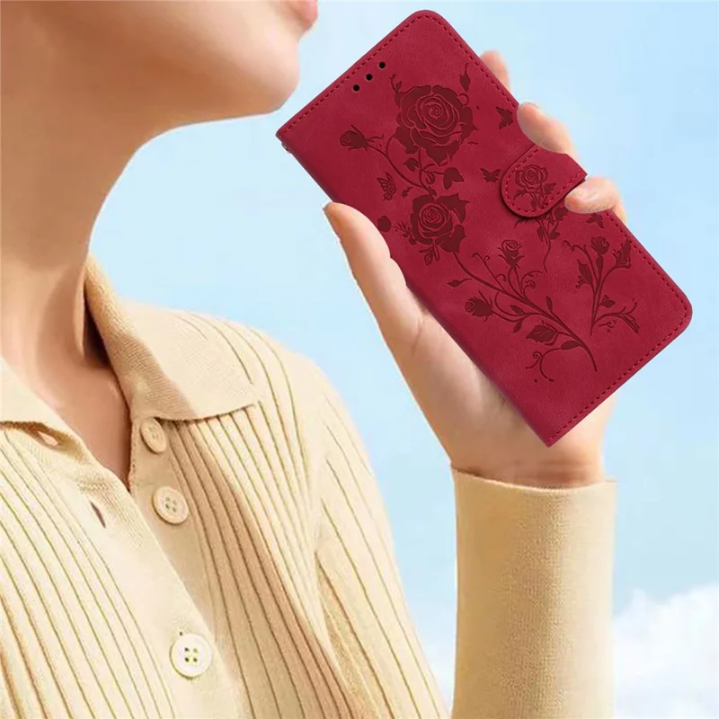 For iPhone 14 Pro Max Wallet Case Rose Pattern Imprinted Leather Flip Stand Phone Cover - Red