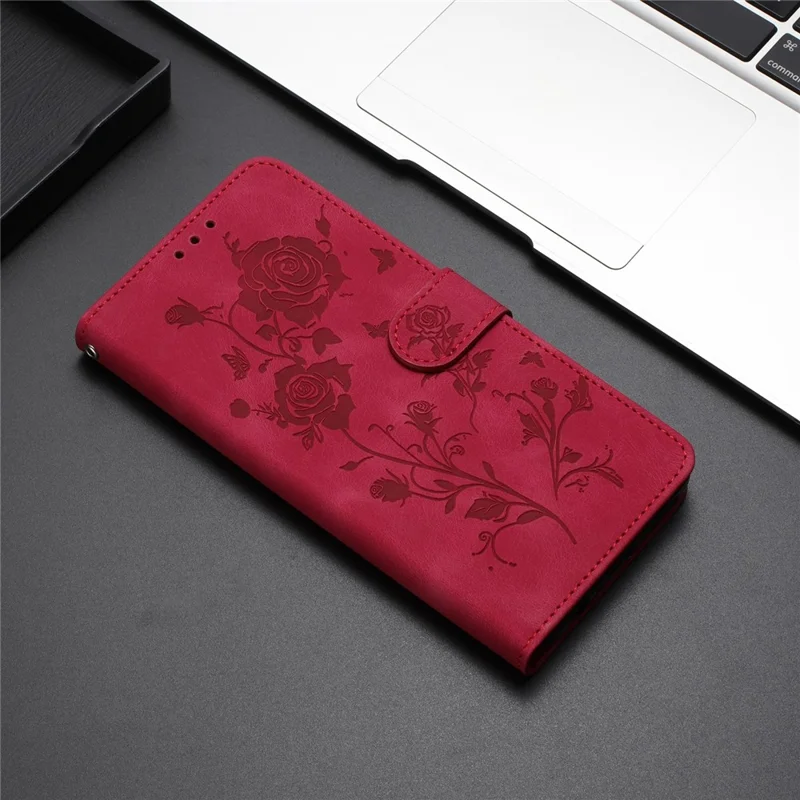 For iPhone 14 Pro Max Wallet Case Rose Pattern Imprinted Leather Flip Stand Phone Cover - Red