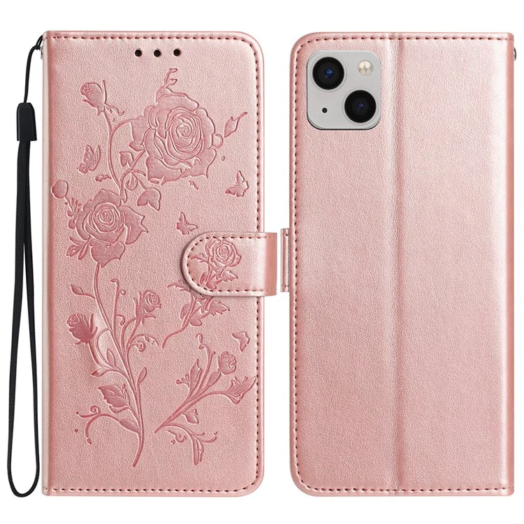 Für iPhone 15 Geldbörsen-Hülle Rosendesign Geprägtes Leder Flip Ständer Handyhülle - Roségold