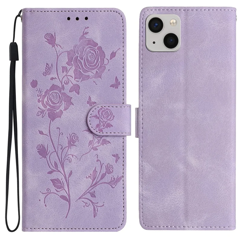 For iPhone 15 Wallet Case Rose Pattern Imprinted Leather Flip Stand Phone Cover - Light Purple