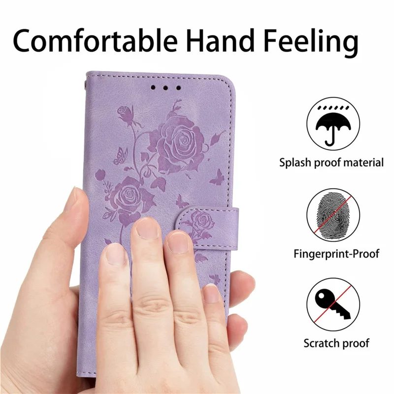 For iPhone 15 Wallet Case Rose Pattern Imprinted Leather Flip Stand Phone Cover - Light Purple