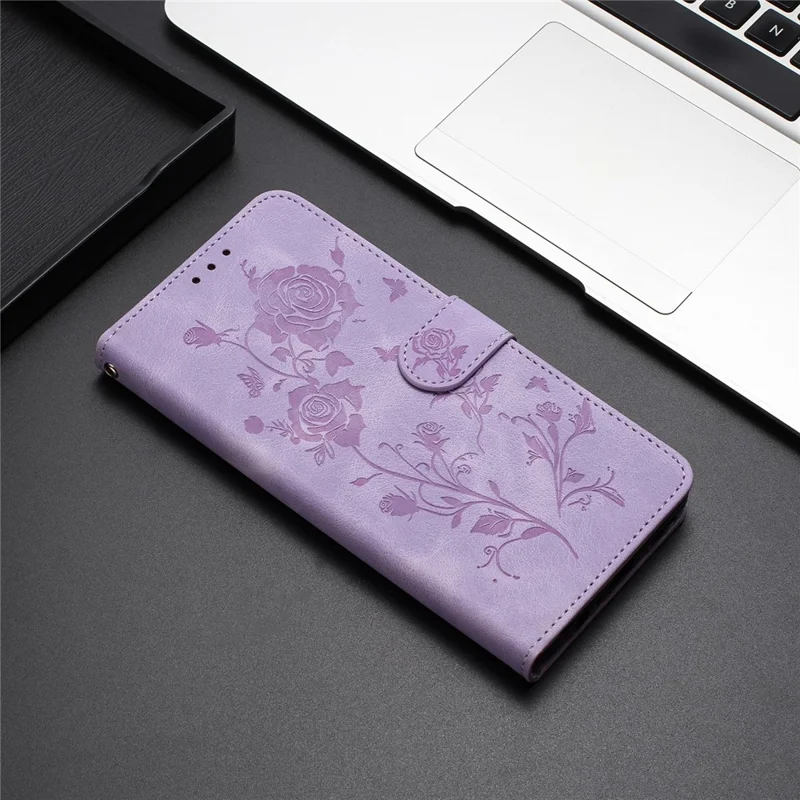 For iPhone 15 Wallet Case Rose Pattern Imprinted Leather Flip Stand Phone Cover - Light Purple