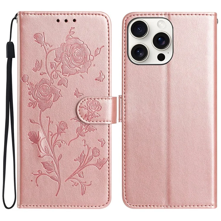 For iPhone 15 Pro Wallet Case Rose Pattern Imprinted Leather Flip Stand Phone Cover - Rose Gold