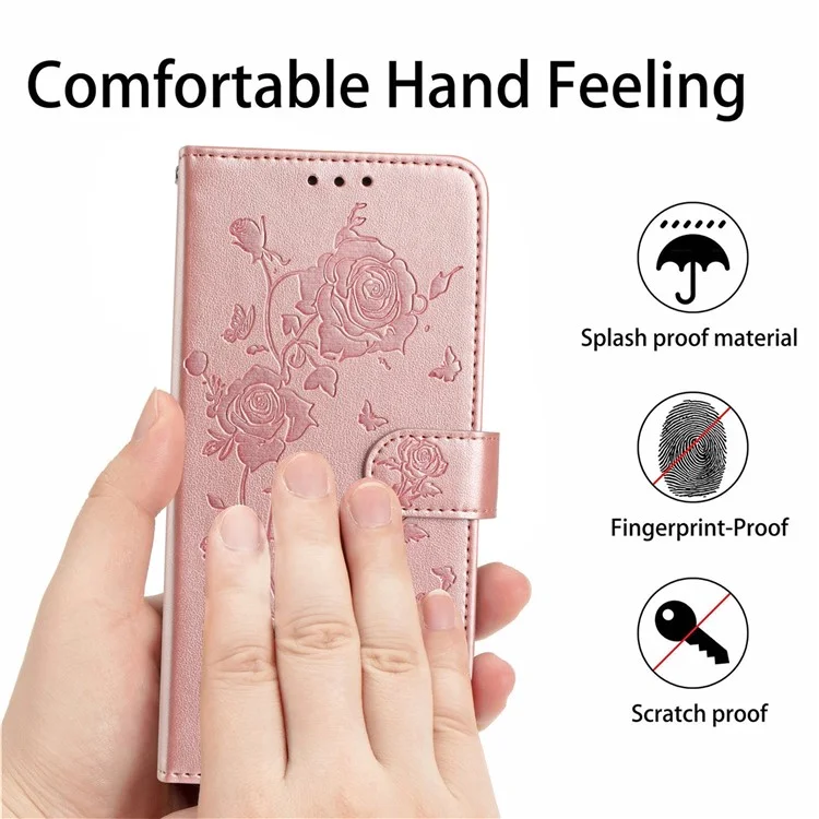 For iPhone 15 Pro Wallet Case Rose Pattern Imprinted Leather Flip Stand Phone Cover - Rose Gold