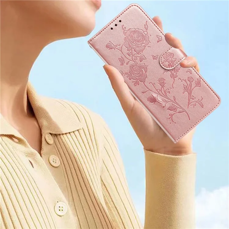For iPhone 15 Pro Wallet Case Rose Pattern Imprinted Leather Flip Stand Phone Cover - Rose Gold
