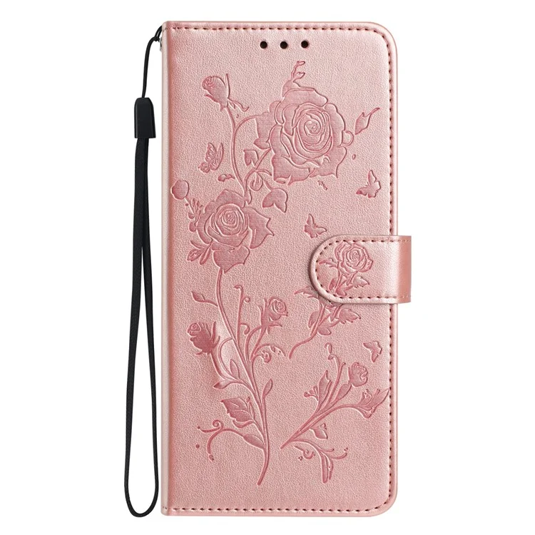 For iPhone 15 Pro Wallet Case Rose Pattern Imprinted Leather Flip Stand Phone Cover - Rose Gold