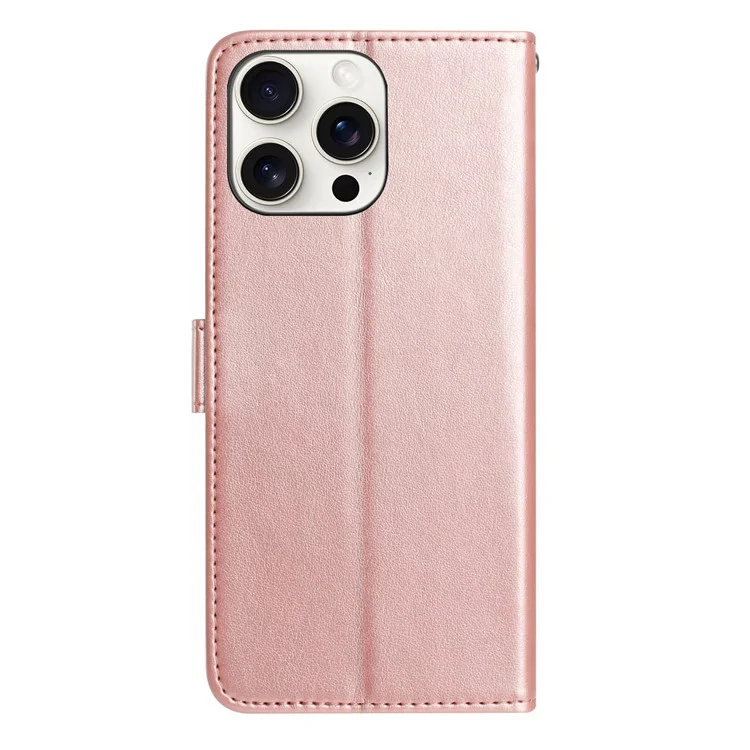 For iPhone 15 Pro Wallet Case Rose Pattern Imprinted Leather Flip Stand Phone Cover - Rose Gold