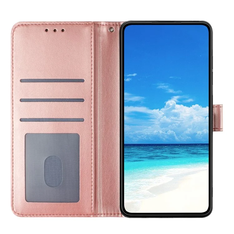 For iPhone 16 Plus Wallet Case Rose Pattern Imprinted Leather Flip Stand Phone Cover - Rose Gold