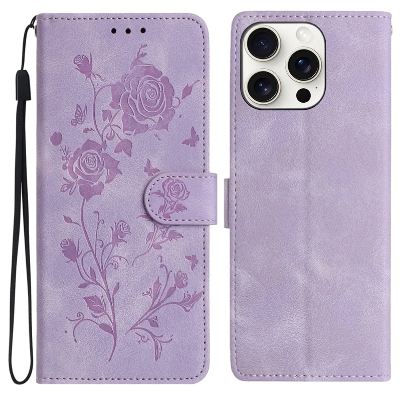 For iPhone 16 Pro Max Wallet Case Rose Pattern Imprinted Leather Flip Stand Phone Cover - Light Purple