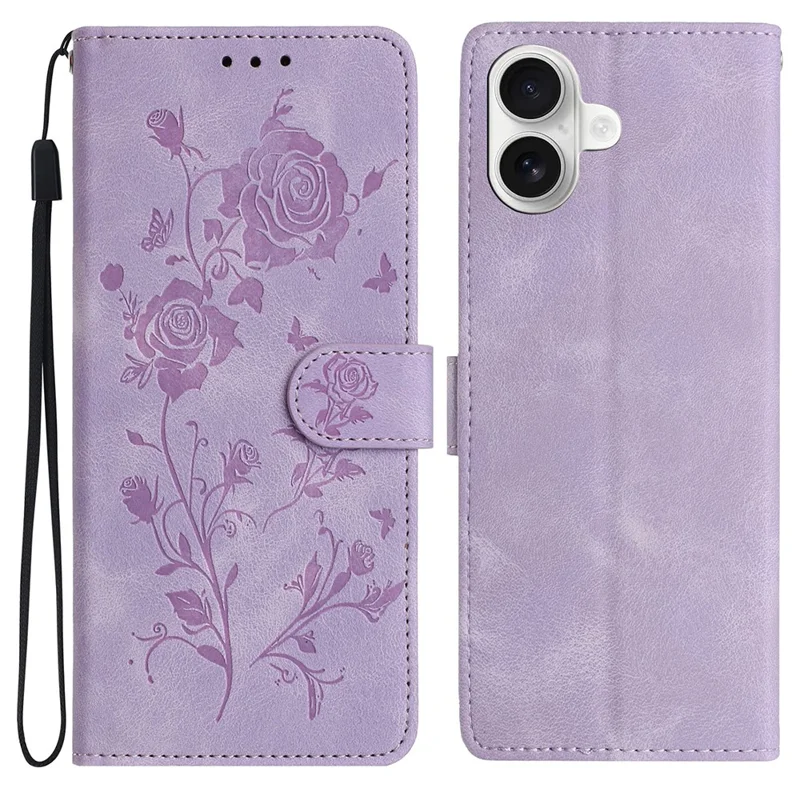 For iPhone 16 Wallet Case Rose Pattern Imprinted Leather Flip Stand Phone Cover - Light Purple