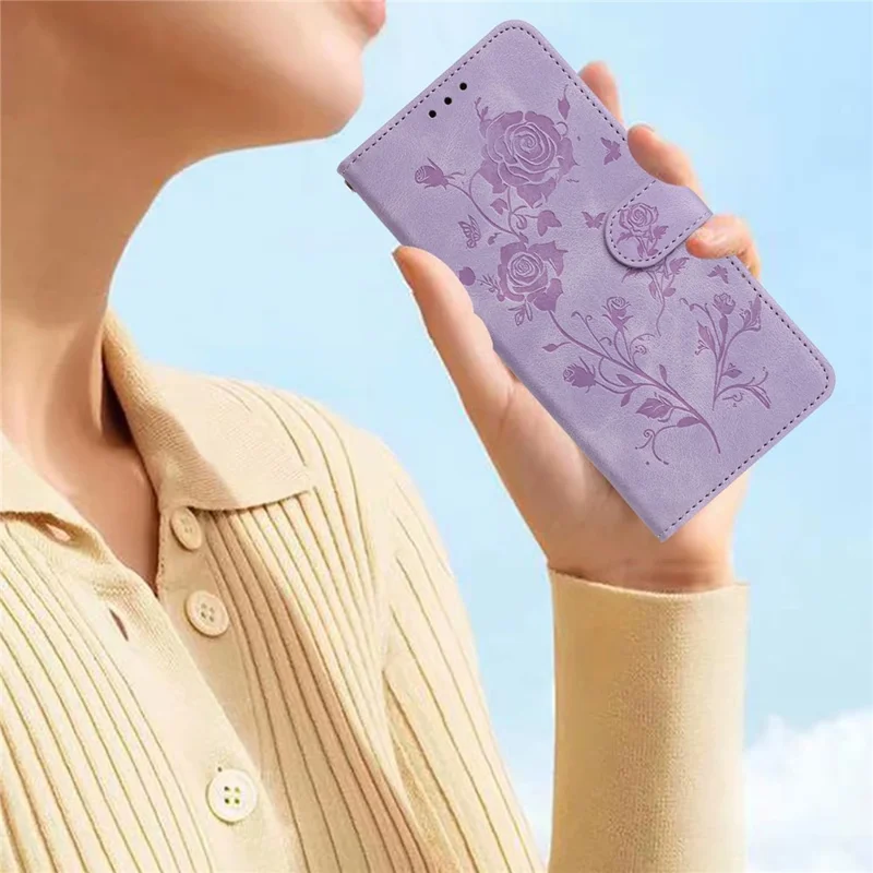 For iPhone 16 Wallet Case Rose Pattern Imprinted Leather Flip Stand Phone Cover - Light Purple