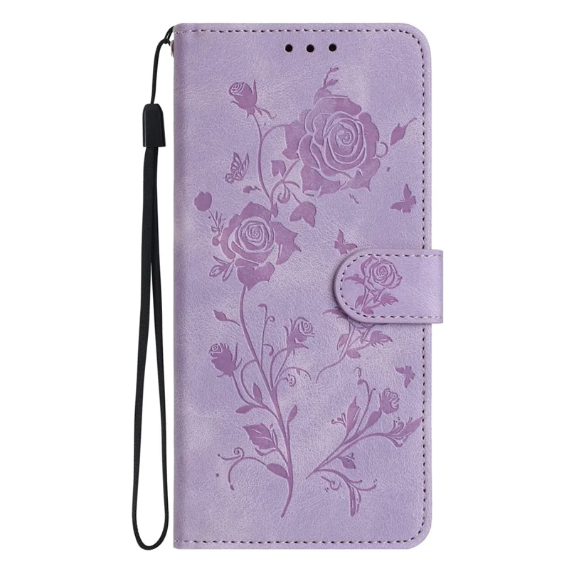 For iPhone 16 Wallet Case Rose Pattern Imprinted Leather Flip Stand Phone Cover - Light Purple