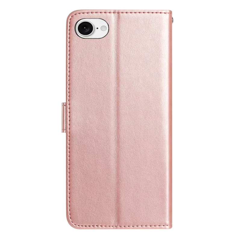 For iPhone 16e Wallet Case Rose Pattern Imprinted Leather Flip Stand Phone Cover - Rose Gold