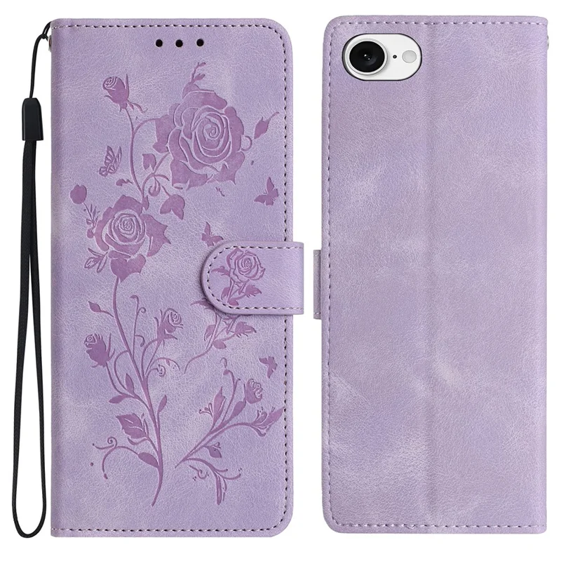 For iPhone 17e / 16e Wallet Case Rose Pattern Imprinted Leather Flip Stand Phone Cover - Light Purple