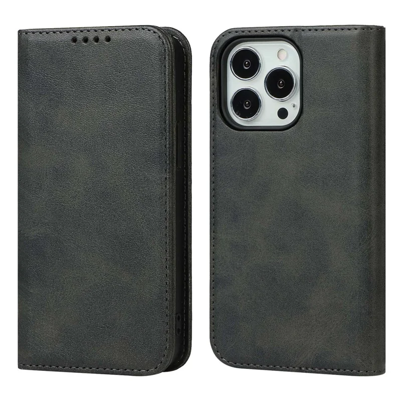 For iPhone 14 Pro Max Calf Texture PU Leather Drop-proof Case Magnetic Auto-absorbed Phone Wallet Stand Cover - Black