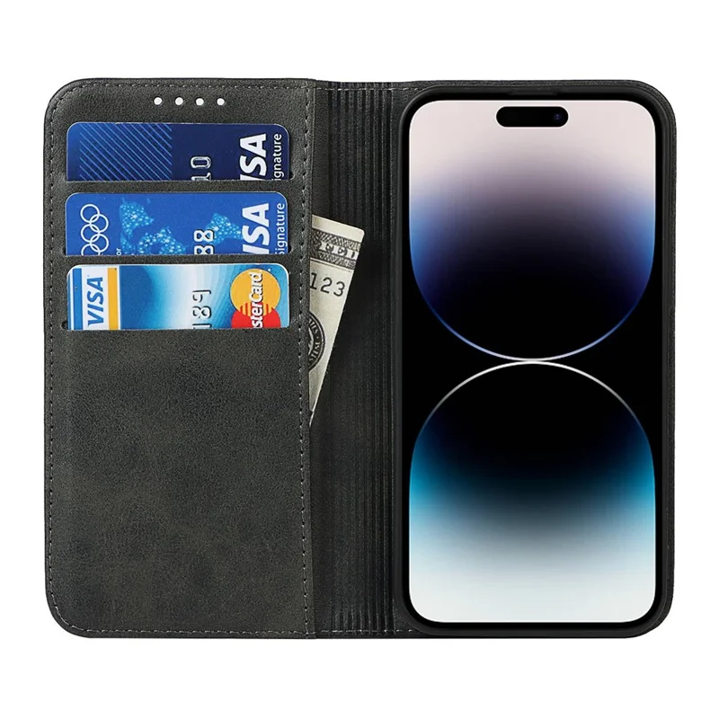 For iPhone 14 Pro Max Calf Texture PU Leather Drop-proof Case Magnetic Auto-absorbed Phone Wallet Stand Cover - Black