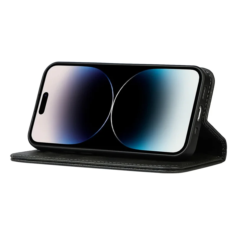 For iPhone 14 Pro Max Calf Texture PU Leather Drop-proof Case Magnetic Auto-absorbed Phone Wallet Stand Cover - Black