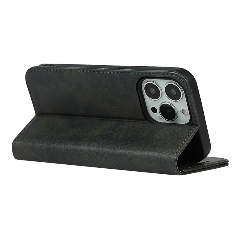For iPhone 14 Pro Max Calf Texture PU Leather Drop-proof Case Magnetic Auto-absorbed Phone Wallet Stand Cover - Black