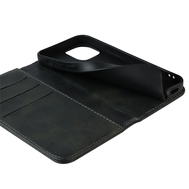 For iPhone 14 Pro Max Calf Texture PU Leather Drop-proof Case Magnetic Auto-absorbed Phone Wallet Stand Cover - Black