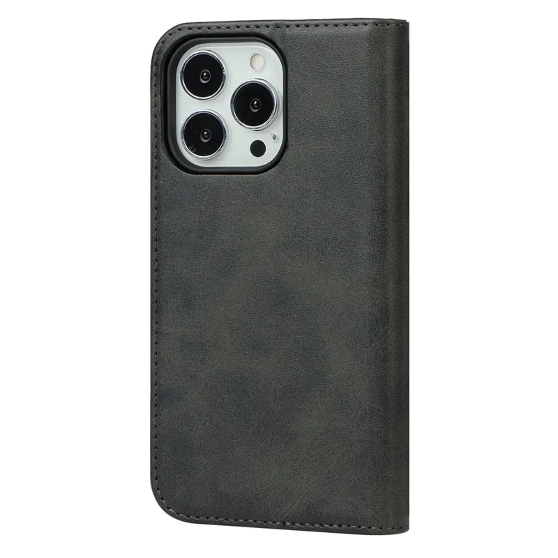 For iPhone 14 Pro Max Calf Texture PU Leather Drop-proof Case Magnetic Auto-absorbed Phone Wallet Stand Cover - Black