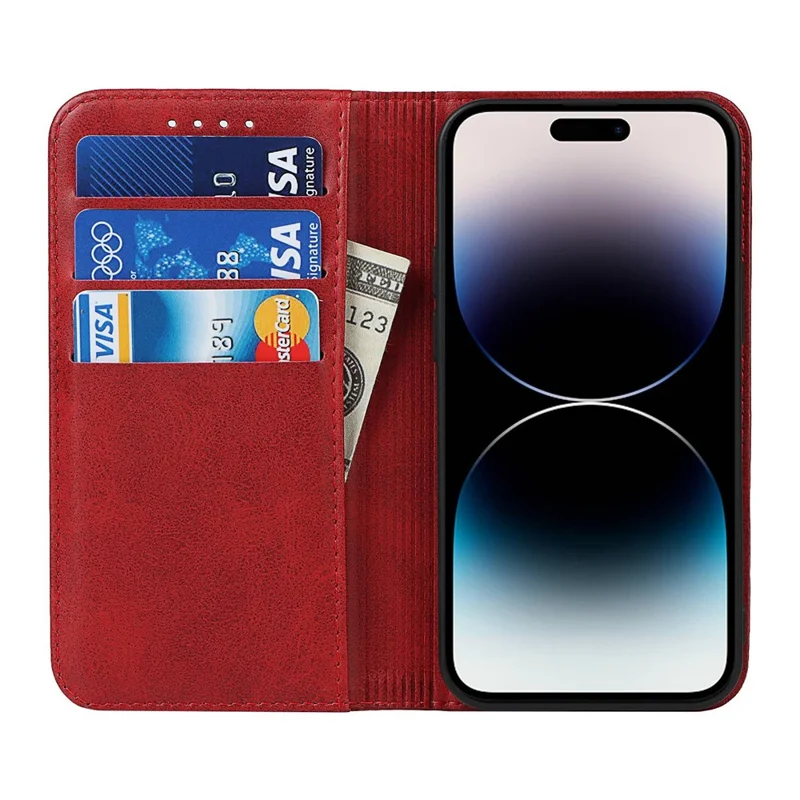 For iPhone 14 Pro Max Calf Texture PU Leather Drop-proof Case Magnetic Auto-absorbed Phone Wallet Stand Cover - Red