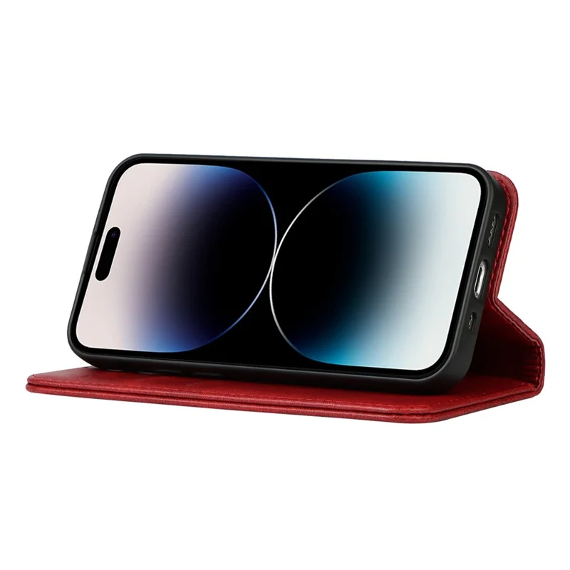 For iPhone 14 Pro Max Calf Texture PU Leather Drop-proof Case Magnetic Auto-absorbed Phone Wallet Stand Cover - Red