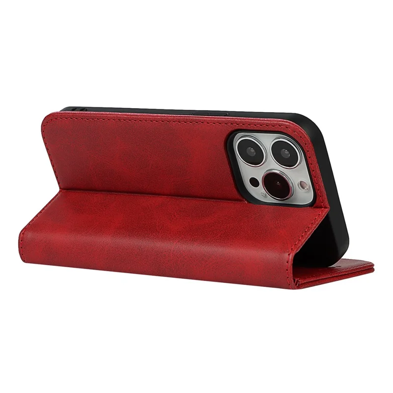 For iPhone 14 Pro Max Calf Texture PU Leather Drop-proof Case Magnetic Auto-absorbed Phone Wallet Stand Cover - Red