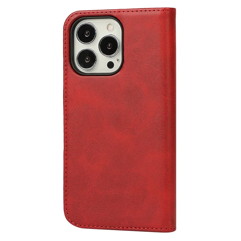 For iPhone 14 Pro Max Calf Texture PU Leather Drop-proof Case Magnetic Auto-absorbed Phone Wallet Stand Cover - Red