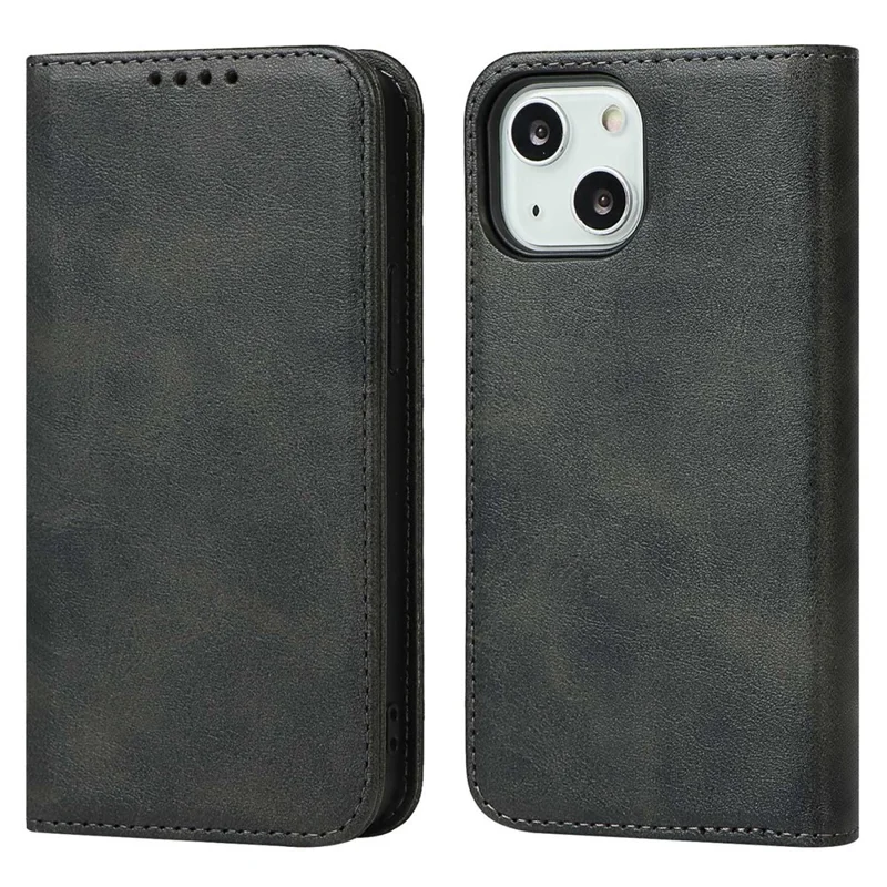 For iPhone 14 Plus Magnetic Auto-absorbed Calf Texture PU Leather Case Shockproof Flip Stand Phone Wallet Cover - Black