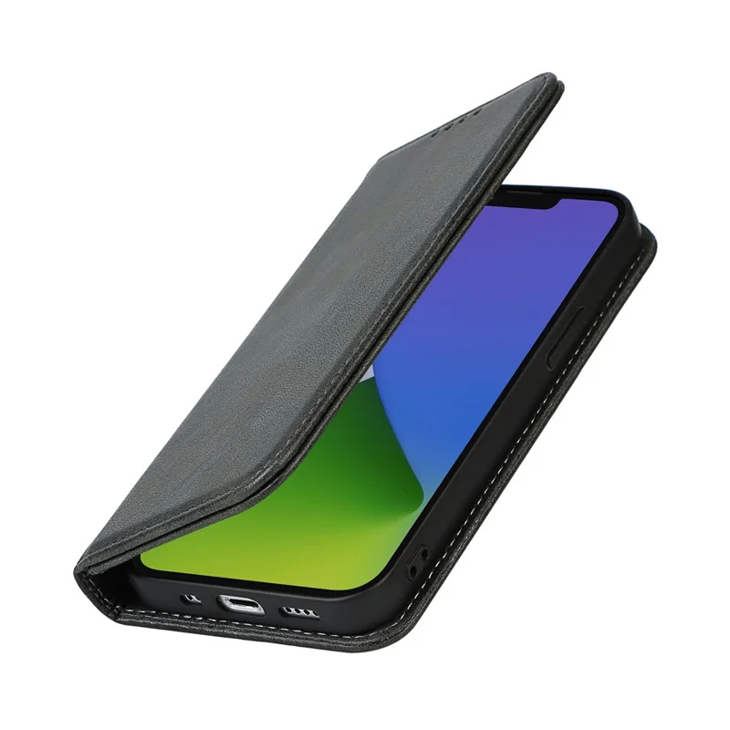 For iPhone 14 Plus Magnetic Auto-absorbed Calf Texture PU Leather Case Shockproof Flip Stand Phone Wallet Cover - Black