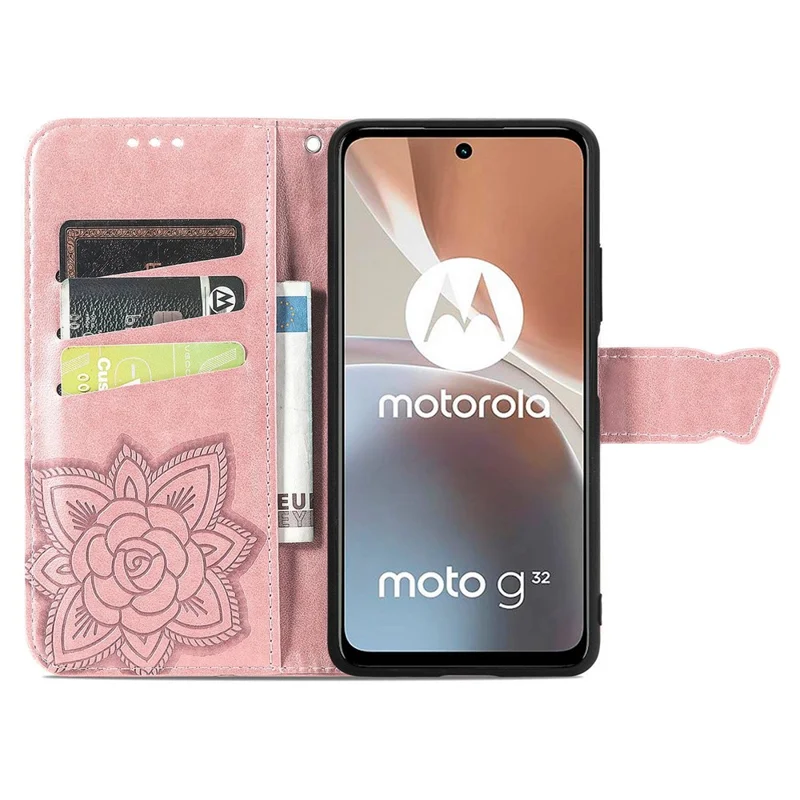 Для Motorola Moto G32 4G с тиснением в виде бабочки, чехол-кошелек из искусственной кожи с магнитной застежкой, чехол для телефона с ремешком - Rose Gold