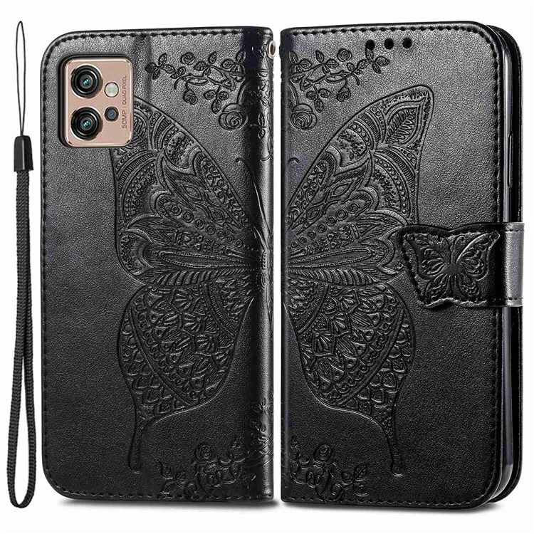 For Motorola Moto G32 4G Imprinted Butterfly Pattern PU Leather Stand Case Magnetic Clasp Phone Wallet Cover with Strap - Black