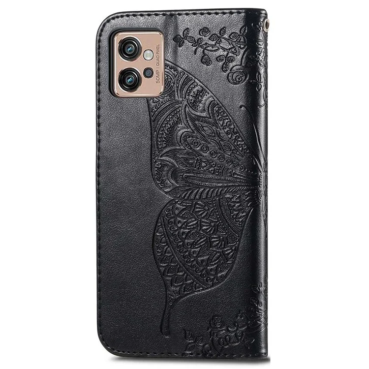 For Motorola Moto G32 4G Imprinted Butterfly Pattern PU Leather Stand Case Magnetic Clasp Phone Wallet Cover with Strap - Black