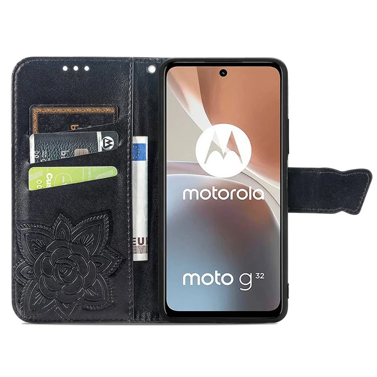For Motorola Moto G32 4G Imprinted Butterfly Pattern PU Leather Stand Case Magnetic Clasp Phone Wallet Cover with Strap - Black