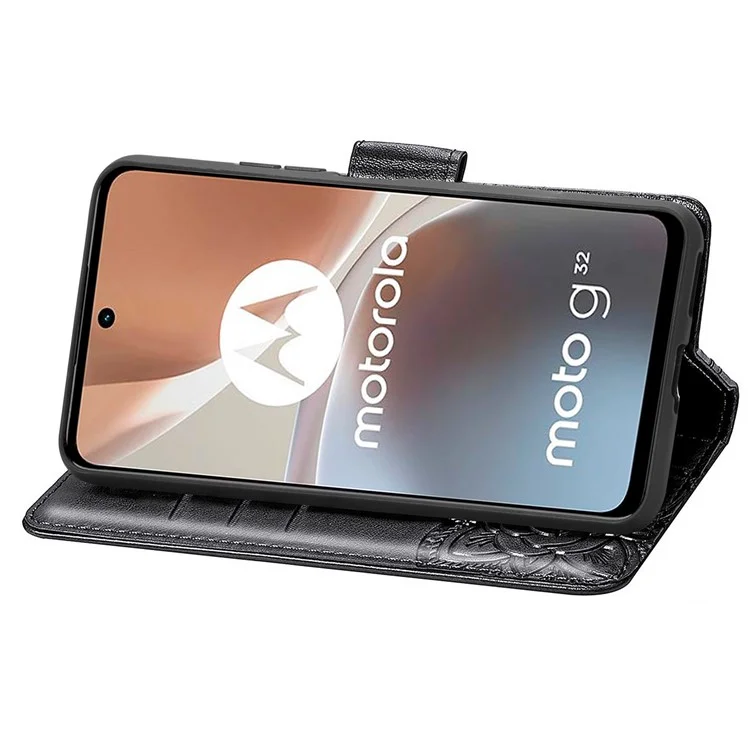 For Motorola Moto G32 4G Imprinted Butterfly Pattern PU Leather Stand Case Magnetic Clasp Phone Wallet Cover with Strap - Black
