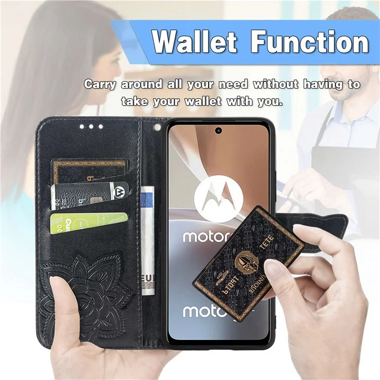 For Motorola Moto G32 4G Imprinted Butterfly Pattern PU Leather Stand Case Magnetic Clasp Phone Wallet Cover with Strap - Black