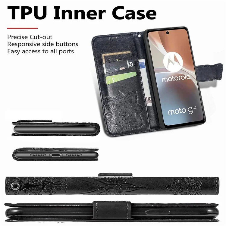 For Motorola Moto G32 4G Imprinted Butterfly Pattern PU Leather Stand Case Magnetic Clasp Phone Wallet Cover with Strap - Black