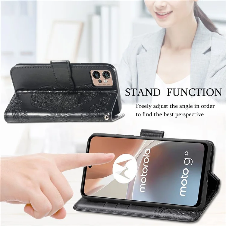 For Motorola Moto G32 4G Imprinted Butterfly Pattern PU Leather Stand Case Magnetic Clasp Phone Wallet Cover with Strap - Black