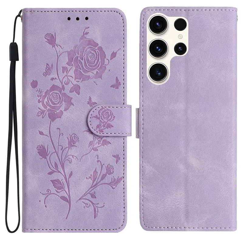 For Samsung Galaxy S24 Ultra Wallet Case Rose Pattern Imprinted Leather Flip Stand Phone Cover - Light Purple