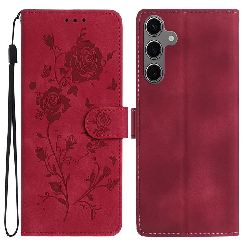 For Samsung Galaxy S24 FE Wallet Case Rose Pattern Imprinted Leather Flip Stand Phone Cover - Red