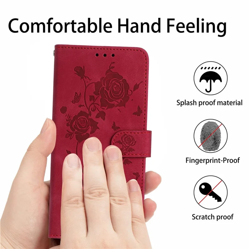 For Samsung Galaxy S24 FE Wallet Case Rose Pattern Imprinted Leather Flip Stand Phone Cover - Red