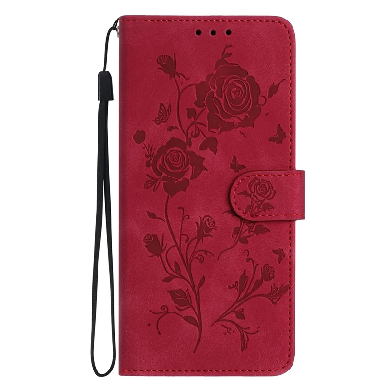 For Samsung Galaxy S24 FE Wallet Case Rose Pattern Imprinted Leather Flip Stand Phone Cover - Red