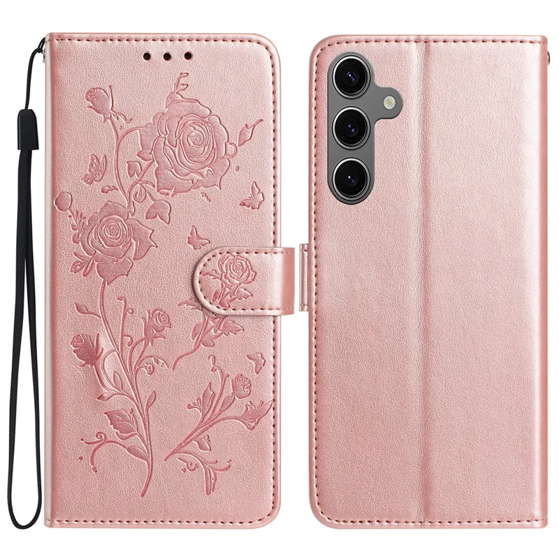 For Samsung Galaxy S25+ / S24+ Wallet Case Rose Pattern Imprinted Leather Flip Stand Phone Cover - Rose Gold